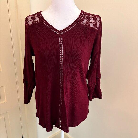 Maroon Tunic Top with Lace and Crochet Trim by John Paul Richard, Size Medium - Picture 1 of 13